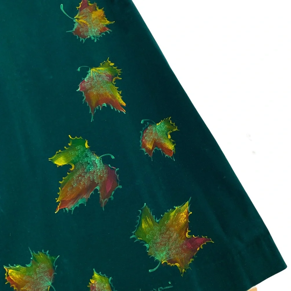 Vintage Italian Made Heavy Weight Green Velvet Skirt Custom Hand Painted Leaves